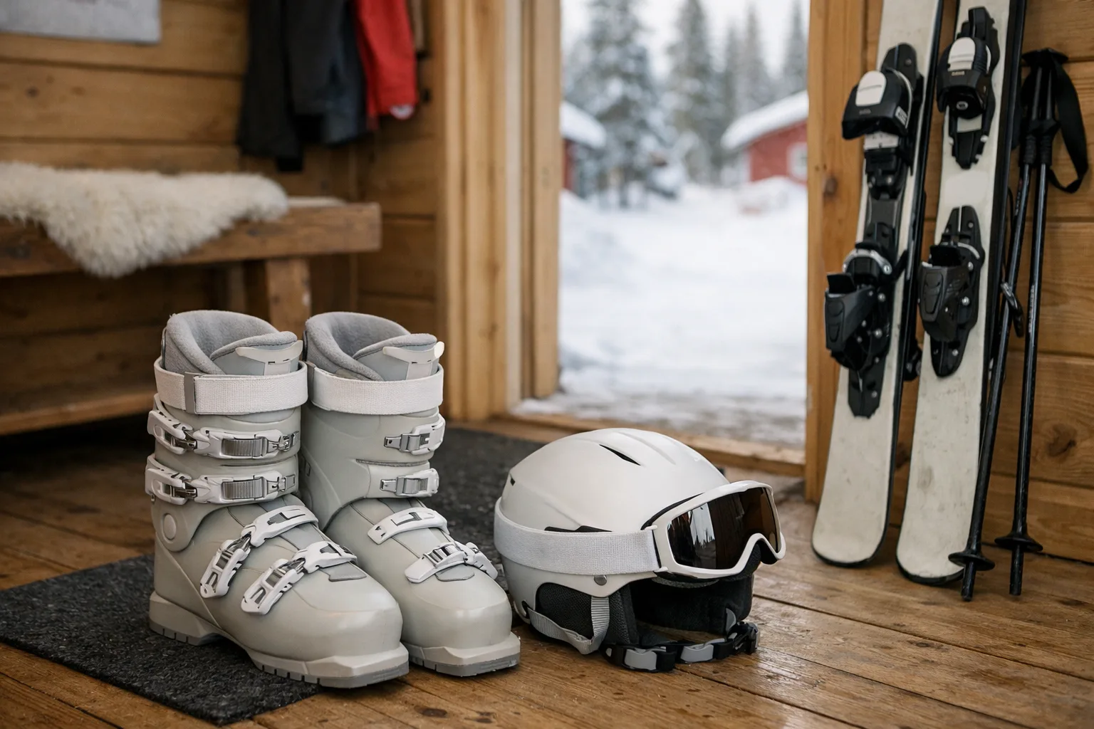 Alpina skidpjäxor bredvid skidor i en skidstuga.
