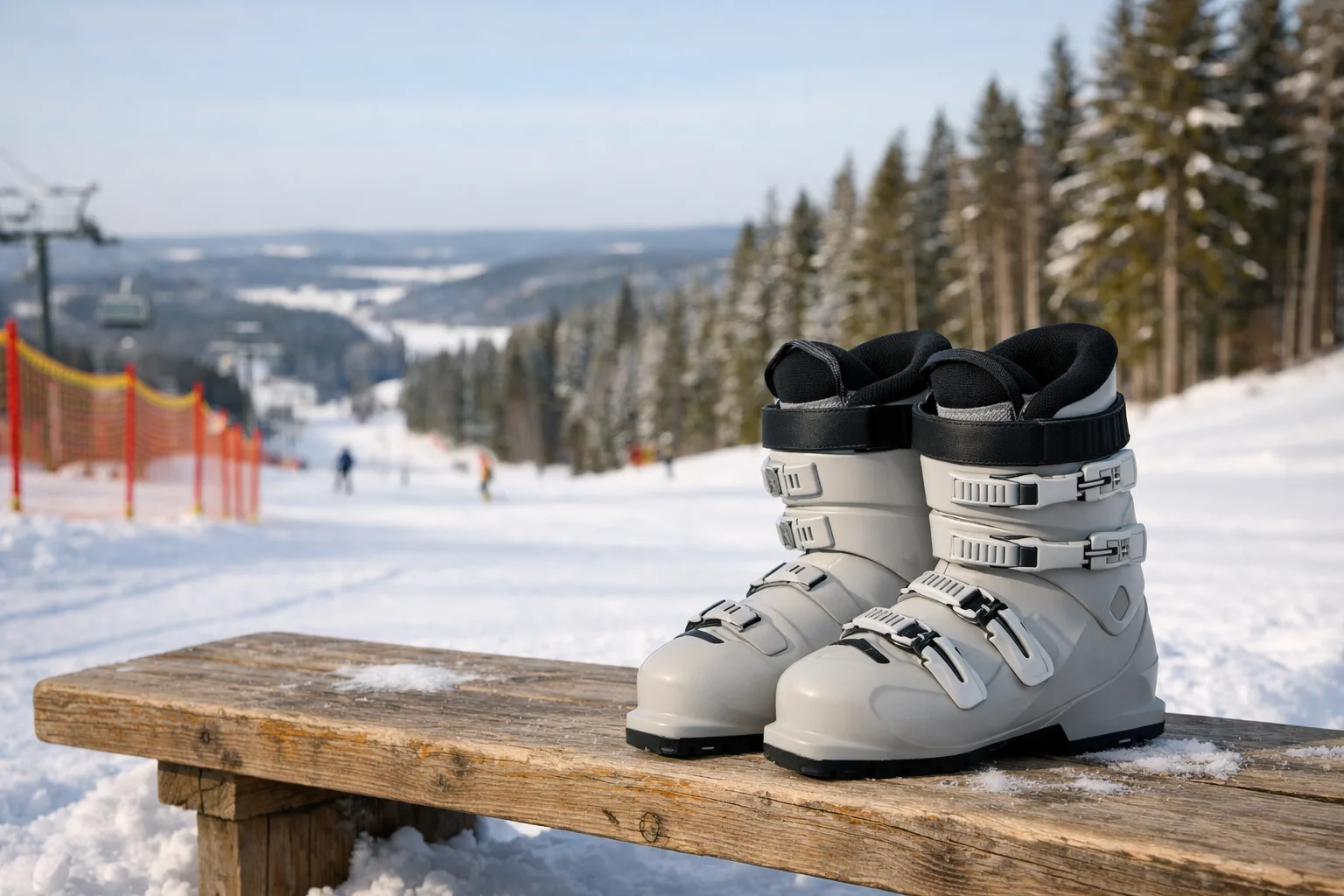 Alpina skidpjäxor på en bänk vid pistkanten.
