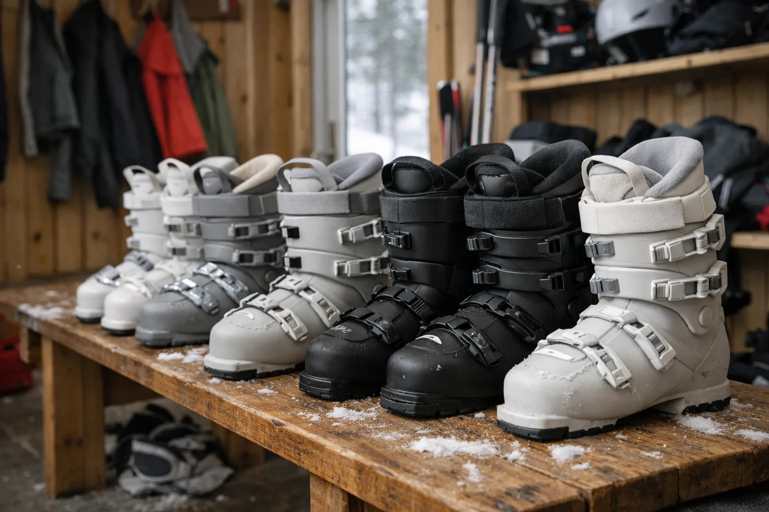 Neutrala alpina skidpjäxor på en bänk i skidstuga.