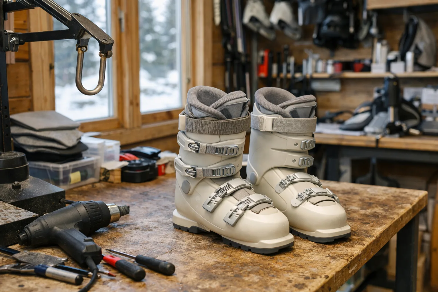 Skidpjäxor på en arbetsbänk i en bootfittingverkstad.