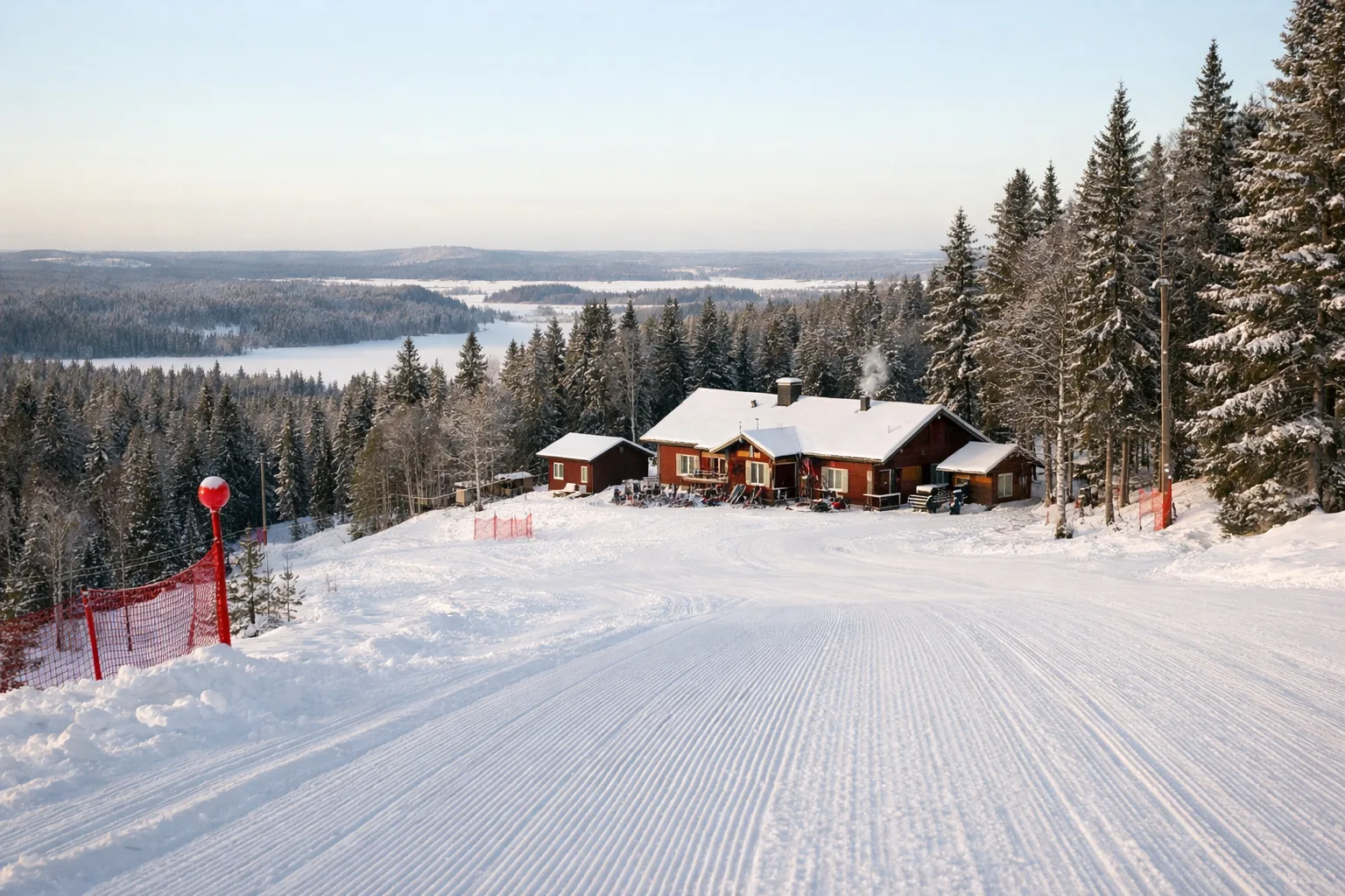 Preparad pistkant med granar och skidstuga i svensk vintermiljö.